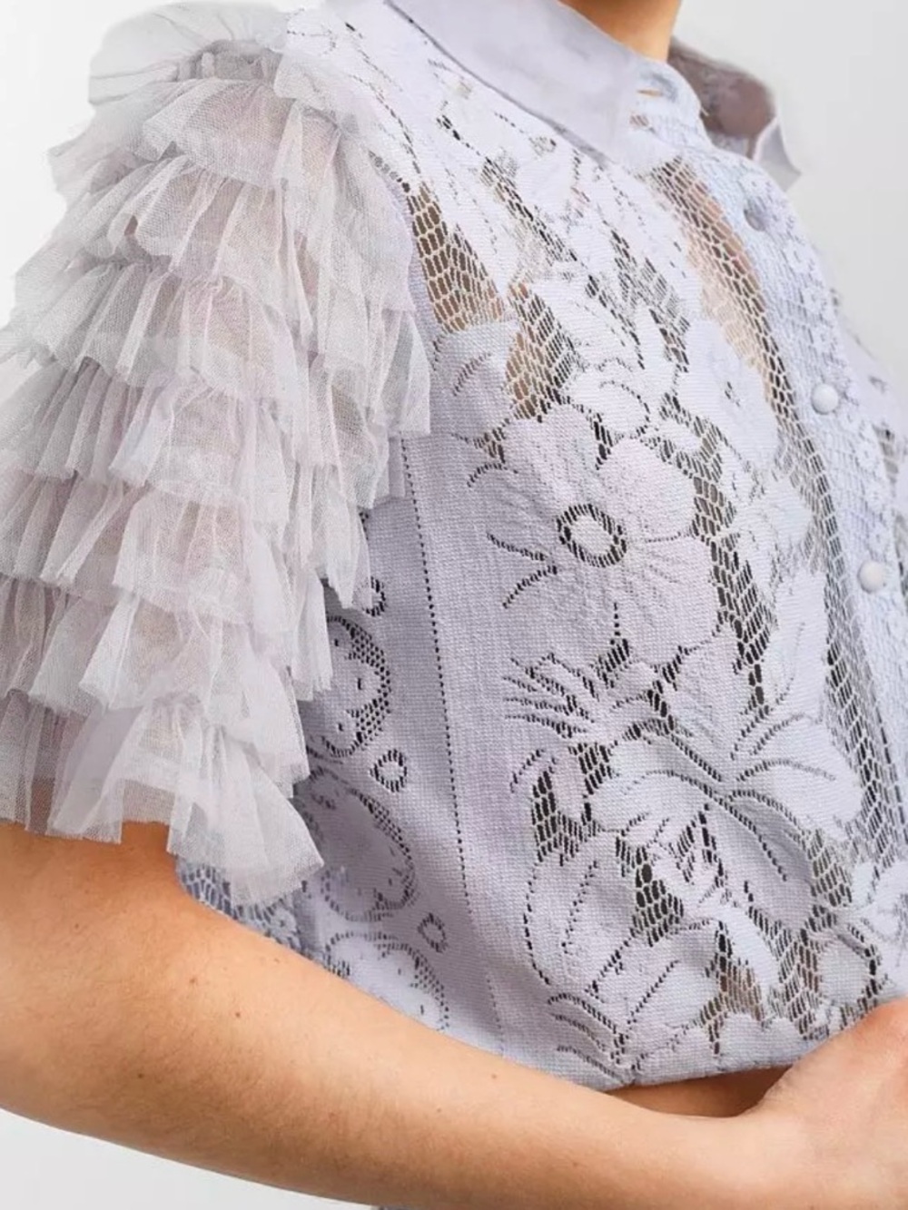 Free People, Madonna, Black Lace Sheer Ruffle Sleeve Cropped Top - Picture 10 of 13